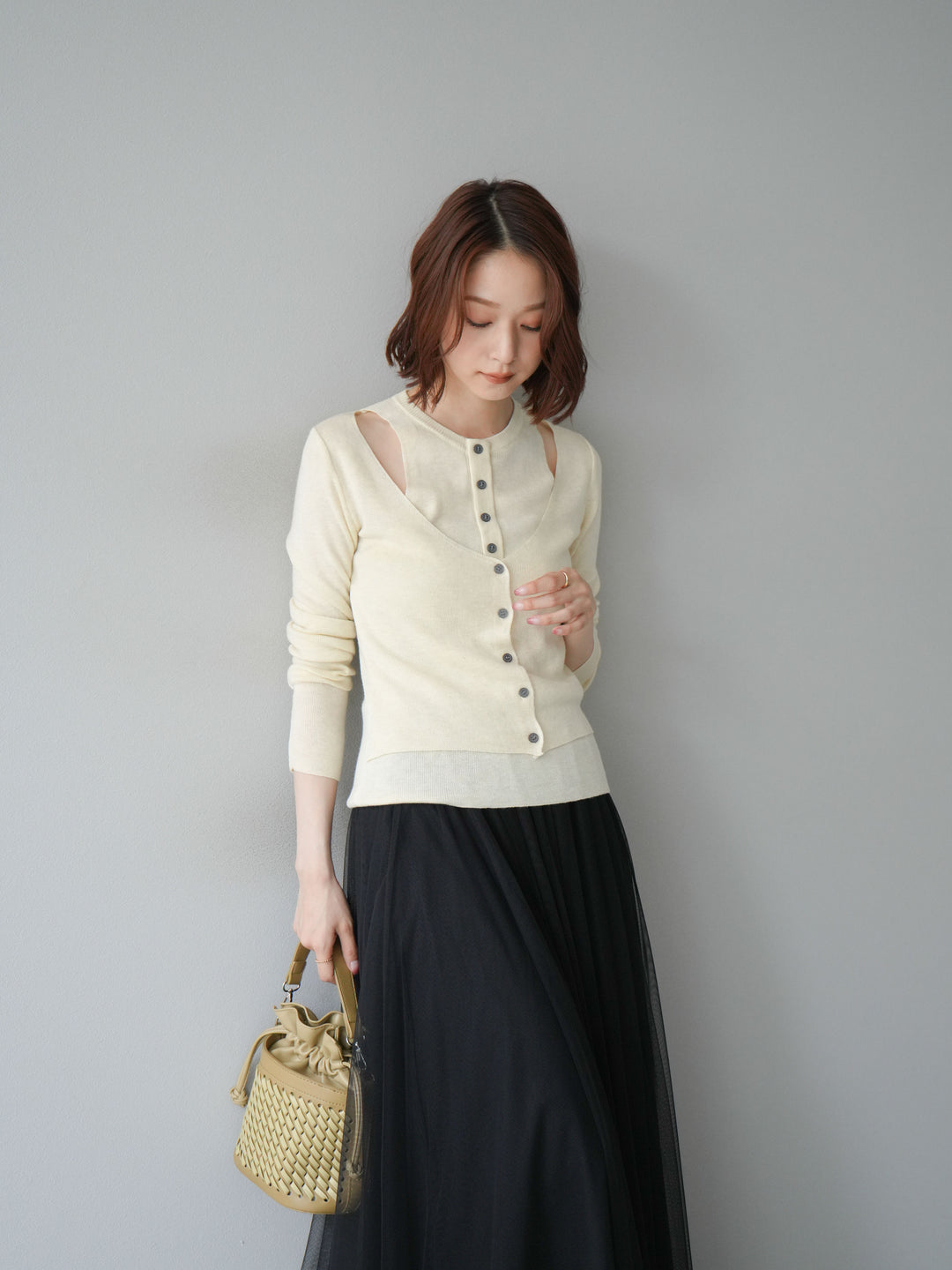 [予約]レイヤードデザインニットカーディガン/アイボリー