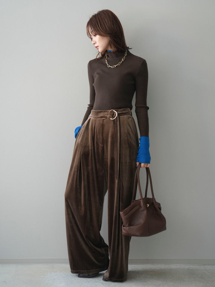 [SET]袖ボタンハイネック配色リブニットトップス+ベロアベルトスリムパンツ(2set)