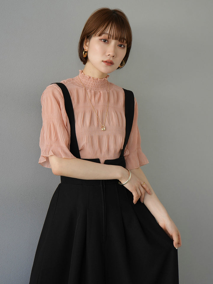 [SET] Shirring chiffon half sleeve blouse + 2WAY flare jumper skirt (2set)