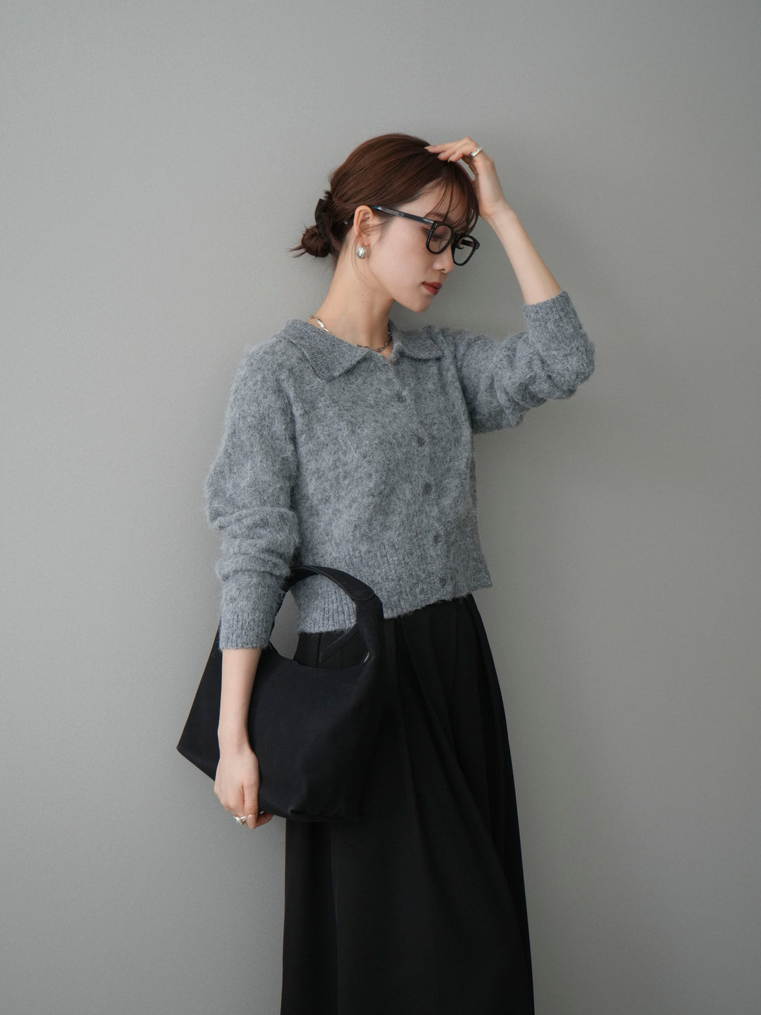 [予約]モヘア衿付きボタンプルオーバー/charcoal