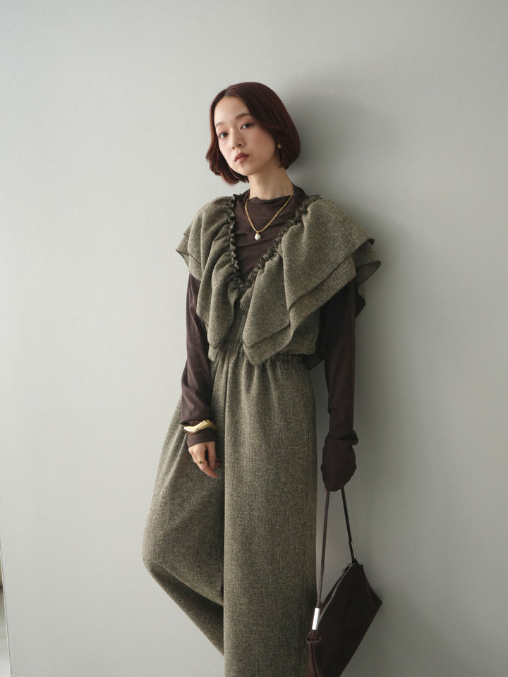 [SET]3WAYミックスツイードギャザーオールインワン+シアープチネックストレッチトップス(2set)