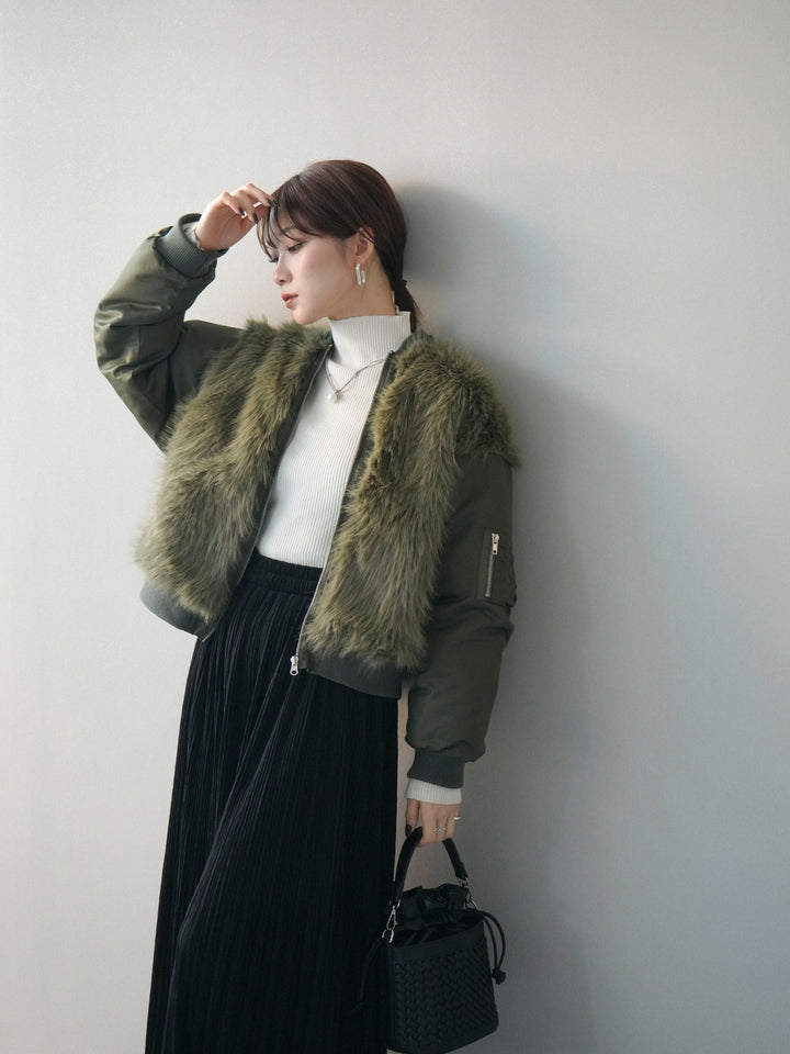 [SET]ファードッキングMA-1+袖ボタンボトルネックリブニットトップス(2set)