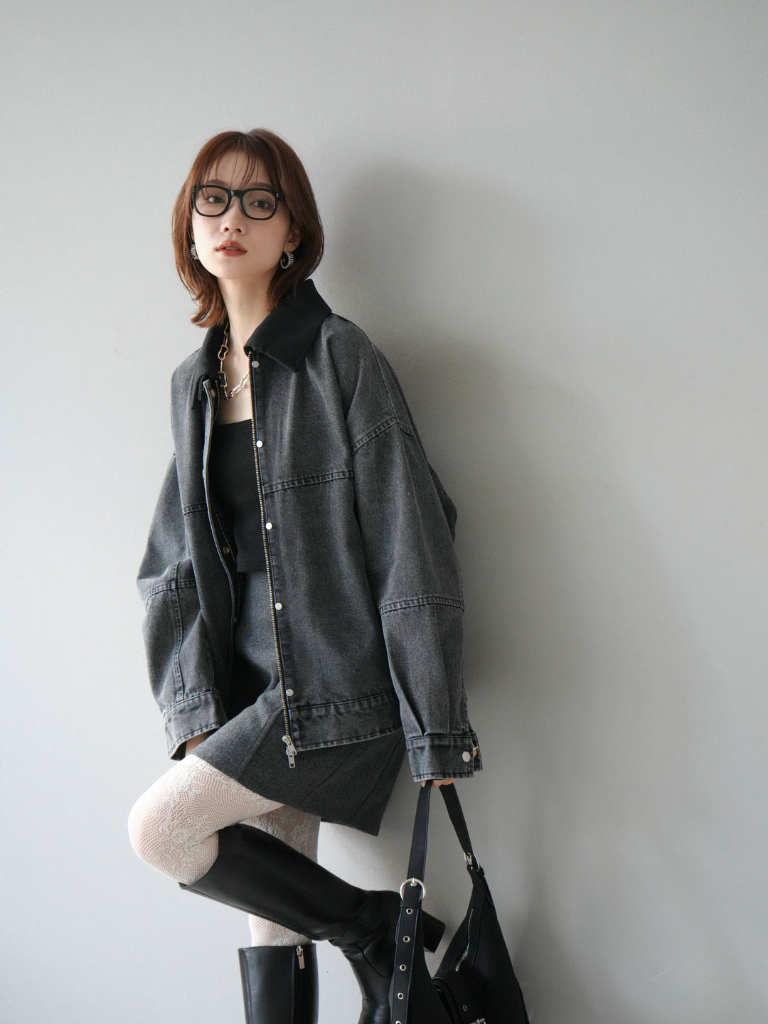 [予約]スウェード襟切替デニムブルゾン/ブラック