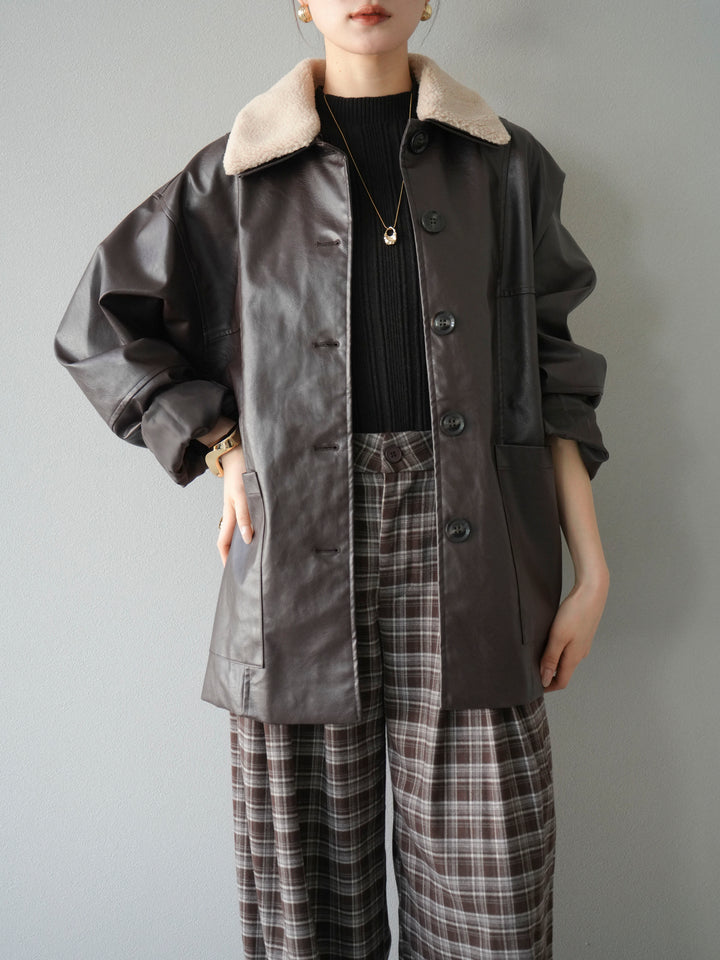 [予約]襟ボアレザーブルゾン/ブラウン