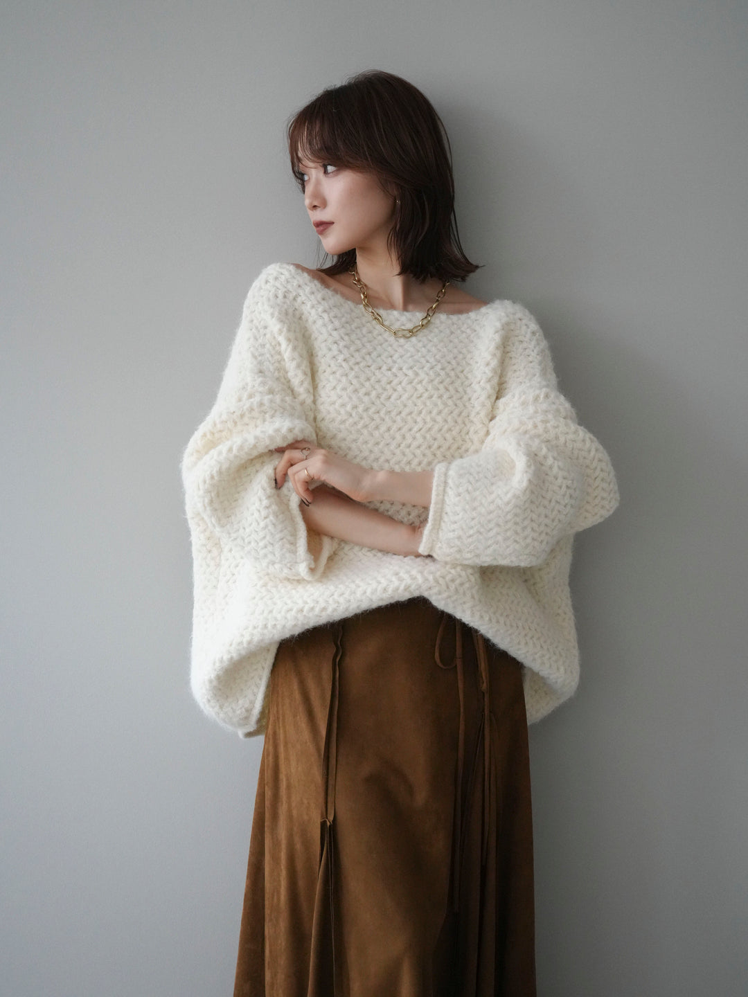 [予約]ワッフル編みオーバーニットプルオーバー/off