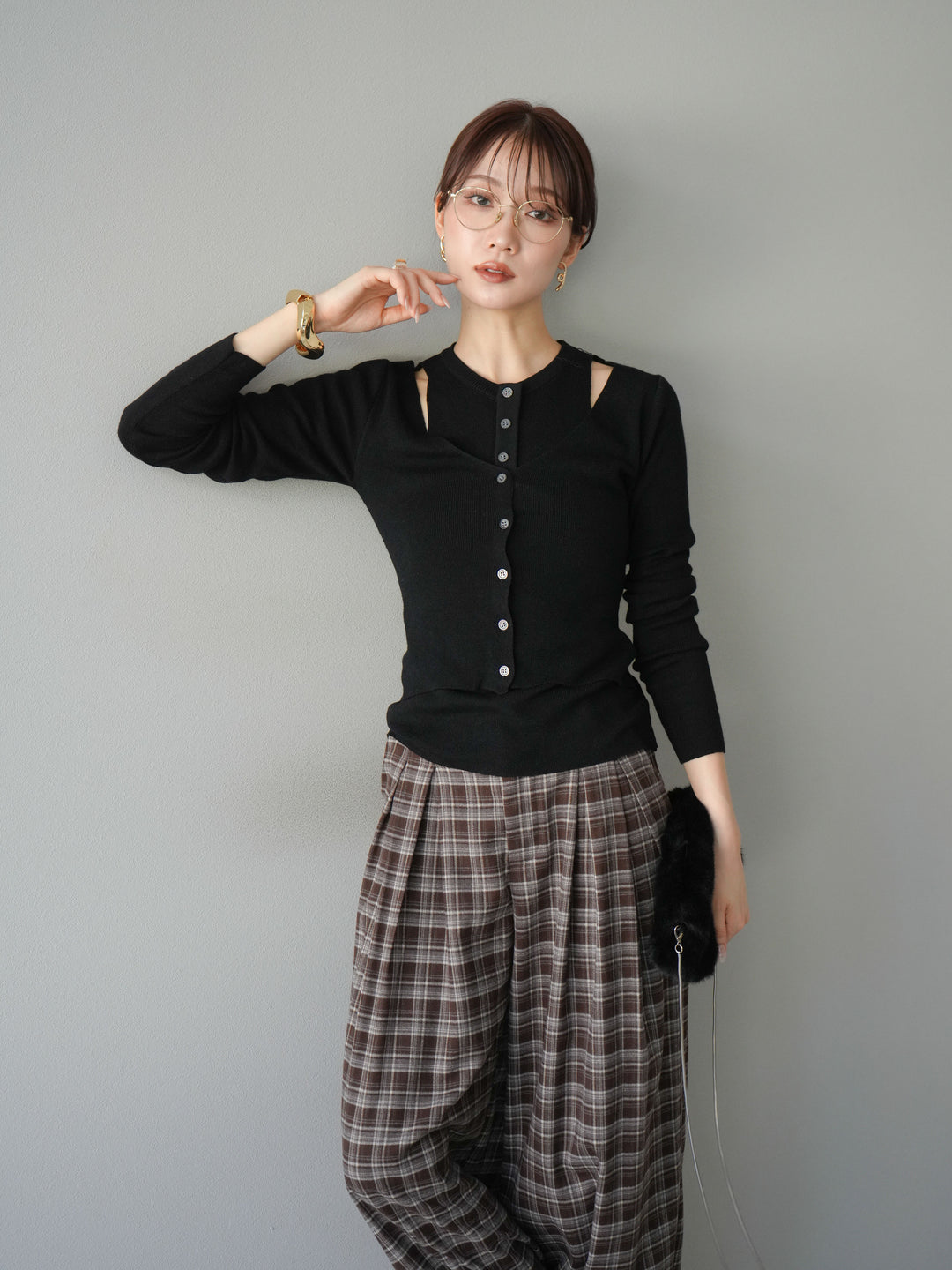 [予約]レイヤードデザインニットカーディガン/ブラック