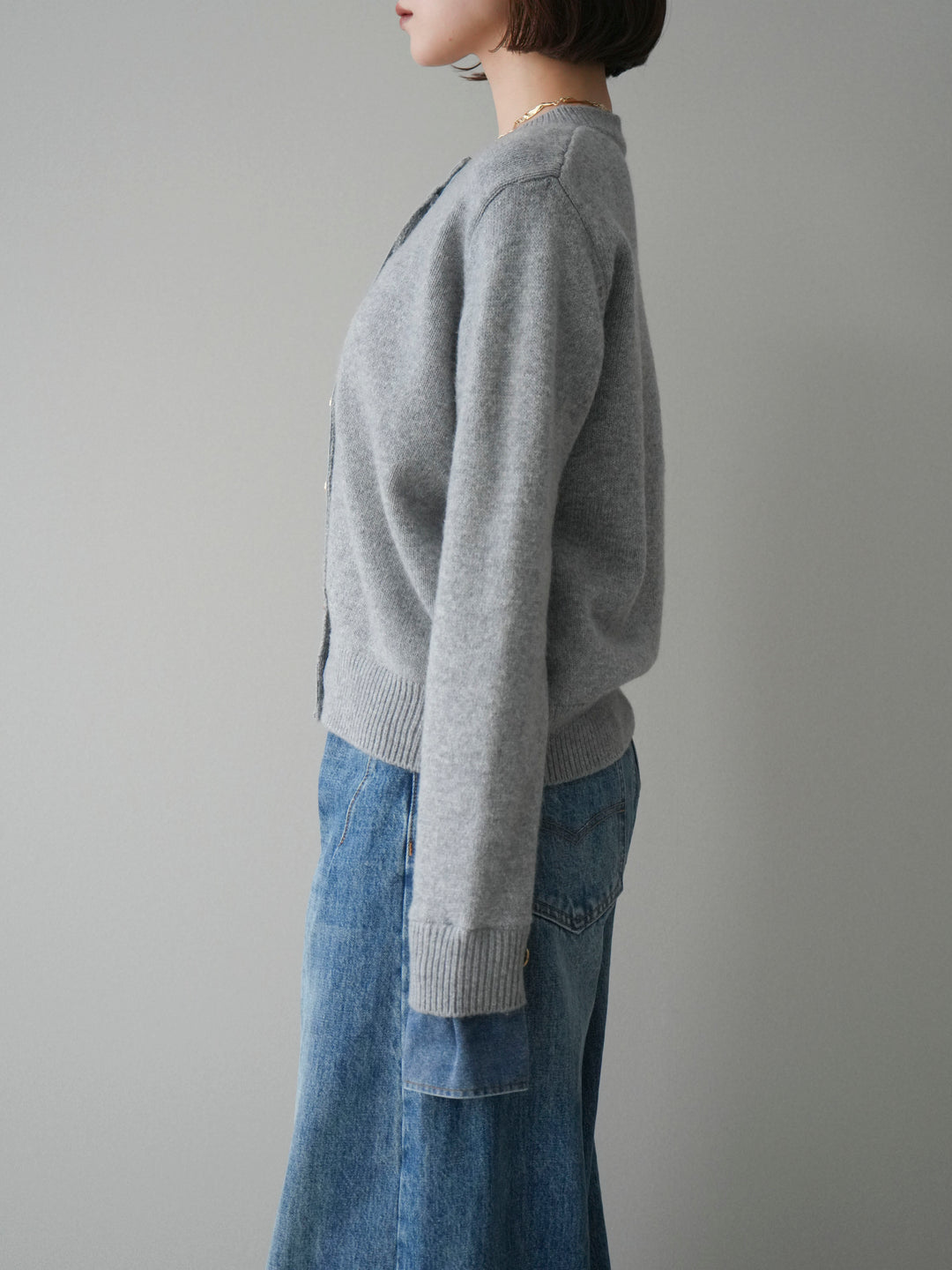 [予約]クルーネックデニムドッキングニットカーディガン/gray