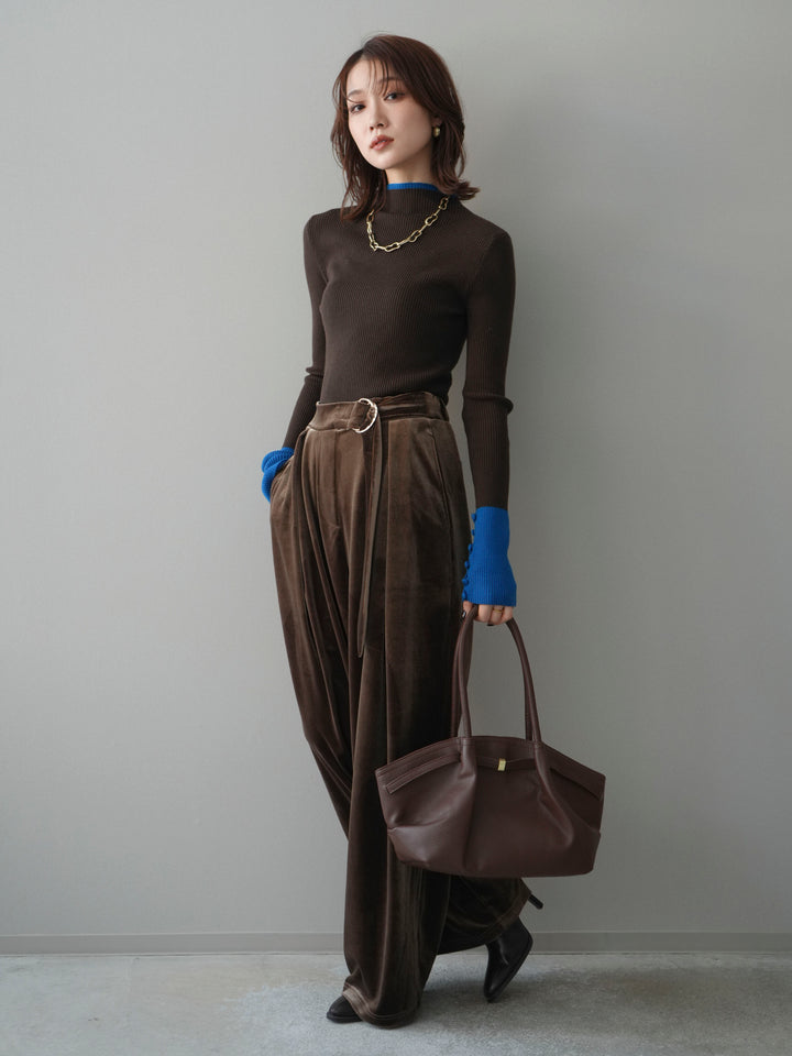[SET]袖ボタンハイネック配色リブニットトップス+ベロアベルトスリムパンツ(2set)