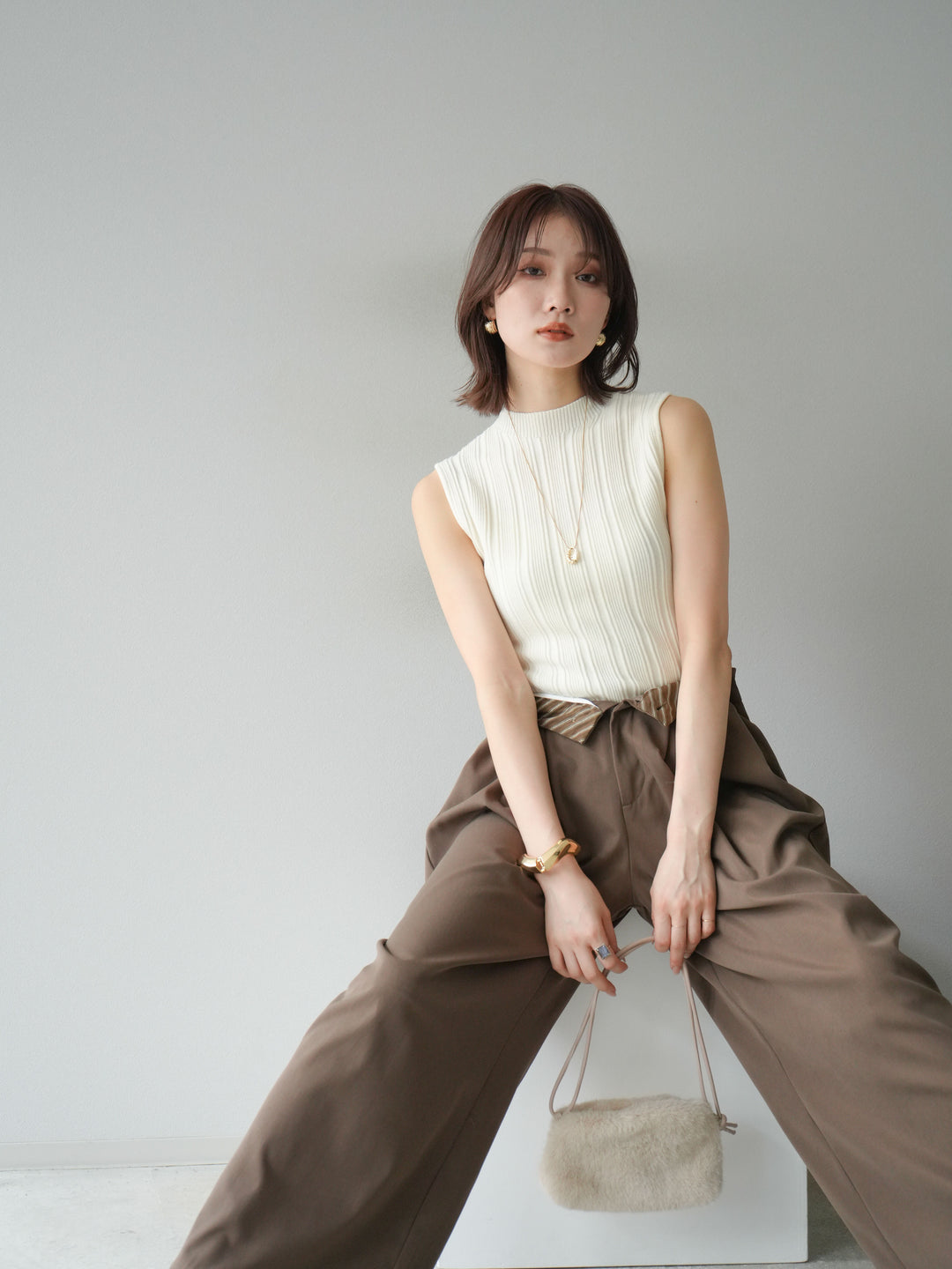 [予約]スリーブレスランダムリブニットトップス/アイボリー