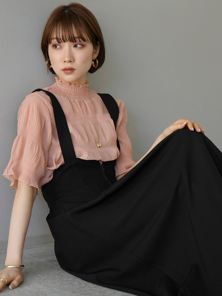 [SET] Shirring chiffon half sleeve blouse + 2WAY flare jumper skirt (2set)