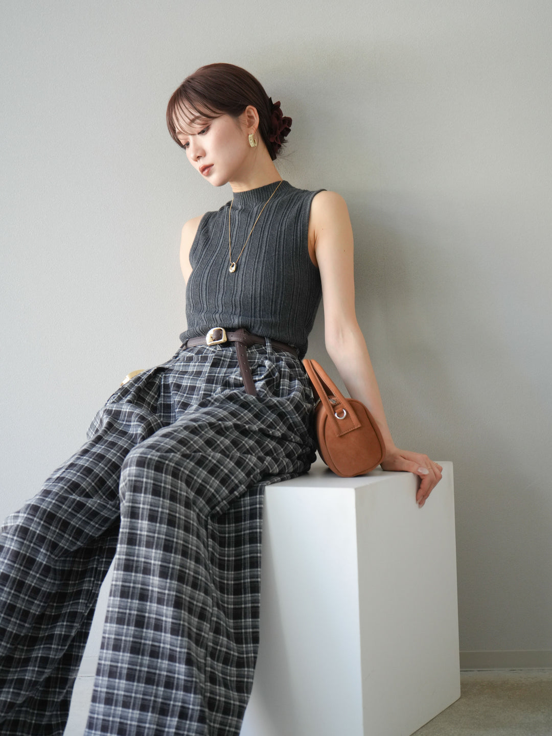 [予約]スリーブレスランダムリブニットトップス/グレー