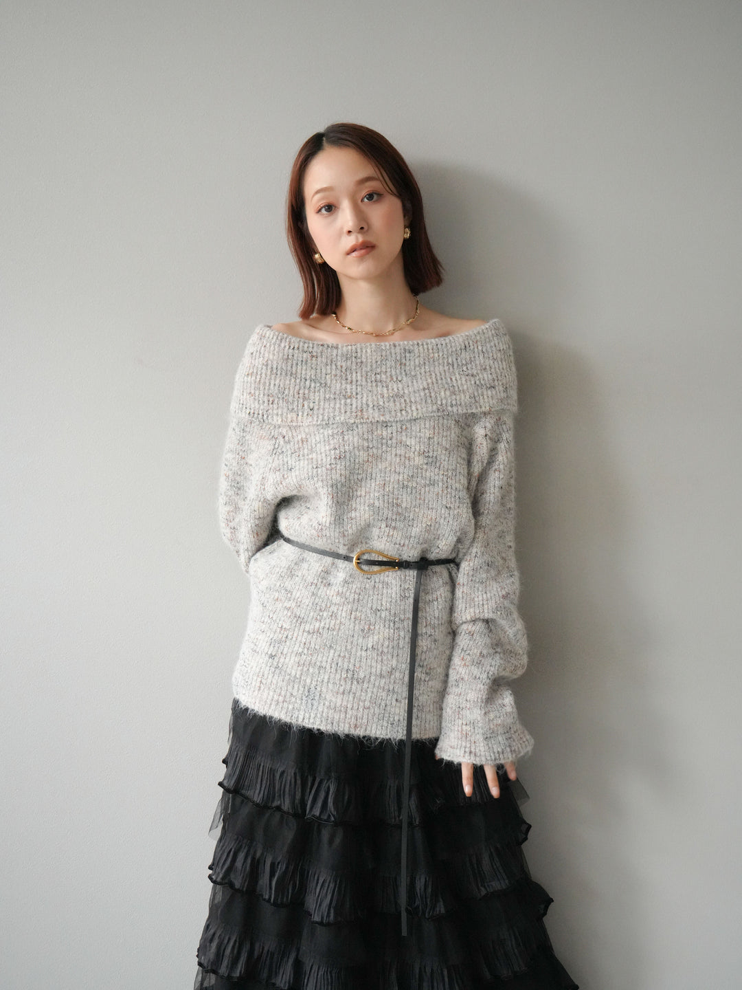[予約]ミックスヤーンオフショルルーズニットプルオーバー/ベージュ