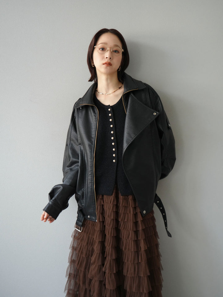 [予約]スタンドカラーフェイクレザーブルゾン/ブラック