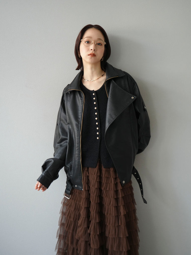 予約]スタンドカラーフェイクレザーブルゾン/ブラック – Lumier