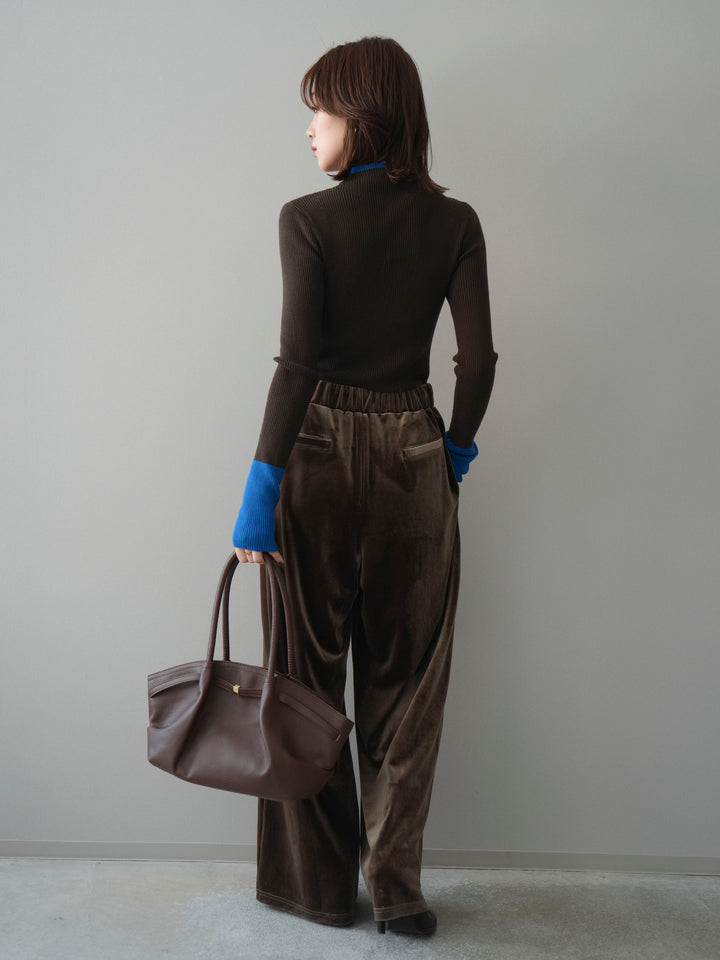 [SET]袖ボタンハイネック配色リブニットトップス+ベロアベルトスリムパンツ(2set)