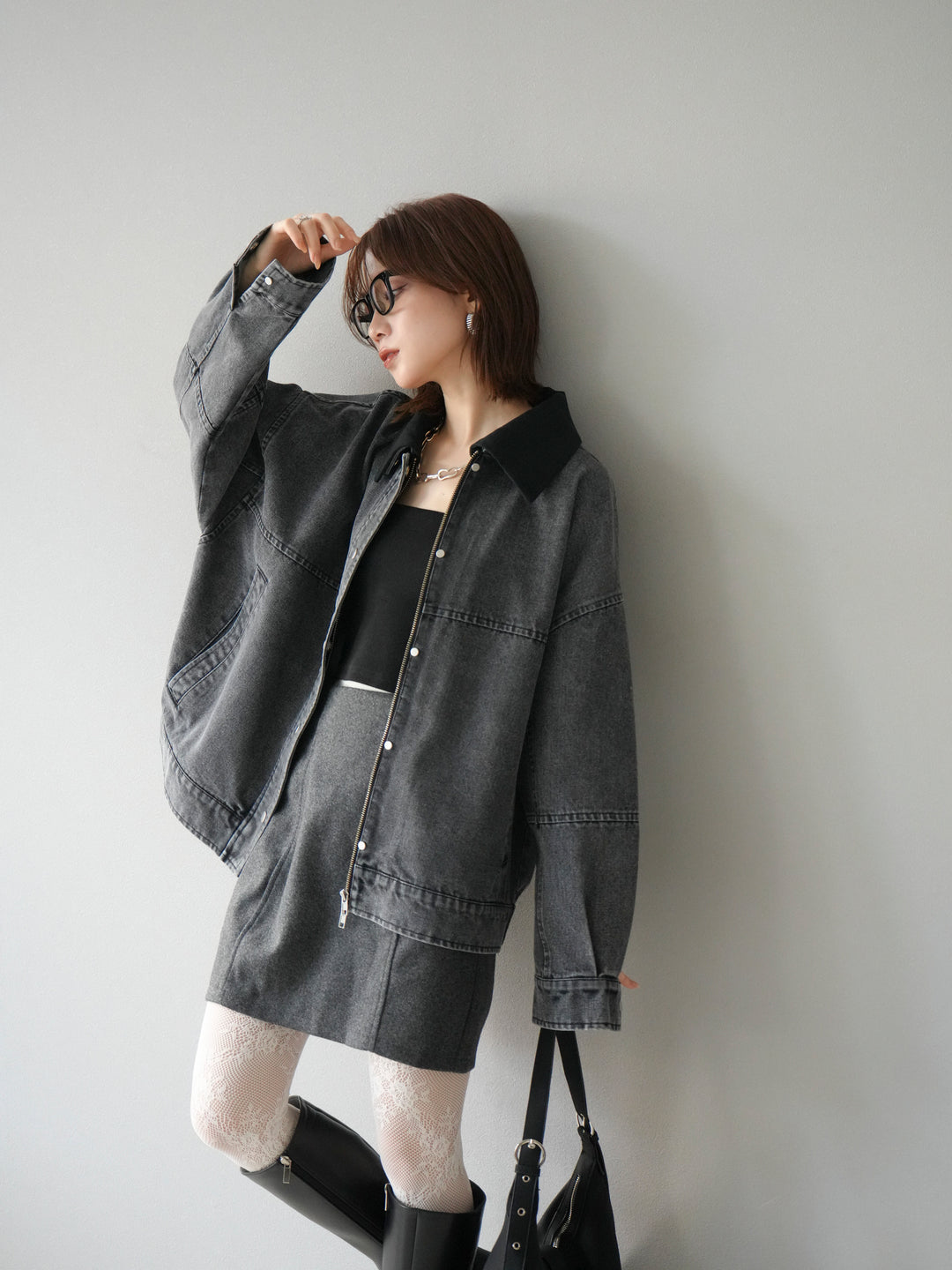 [予約]スウェード襟切替デニムブルゾン/ブラック