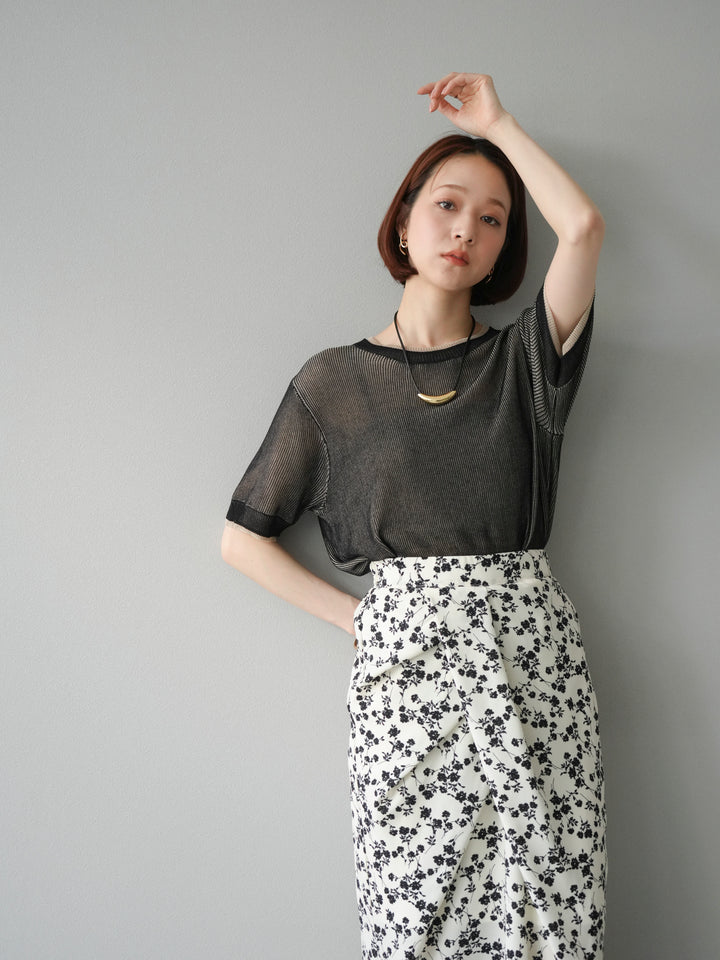 [SET]リネンタッチ配色二重臼ハーフニットトップス+選べるアソート柄スカートセット(2set)
