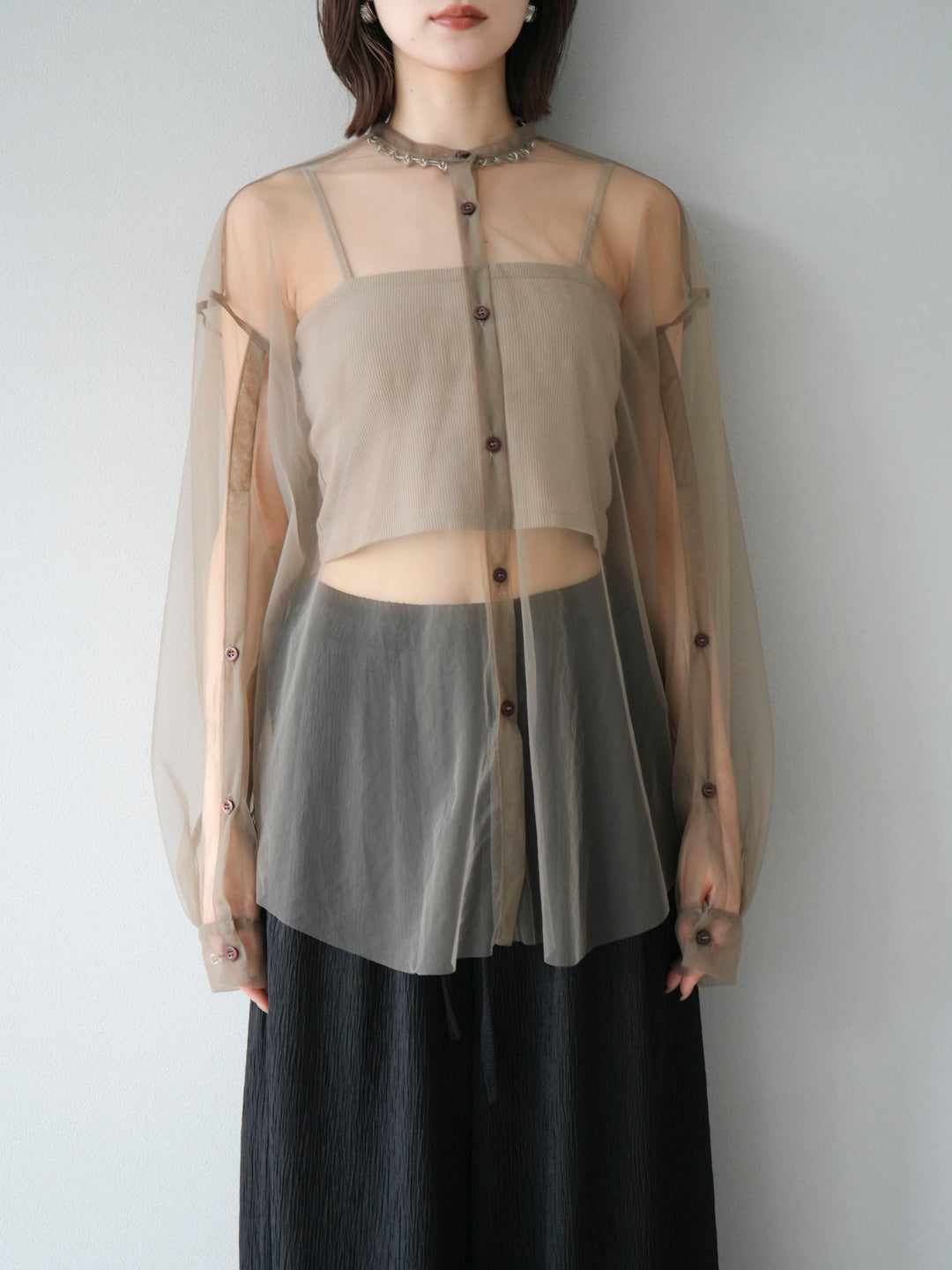 [予約]2WAYスリーブチュールシャツ/グレージュ