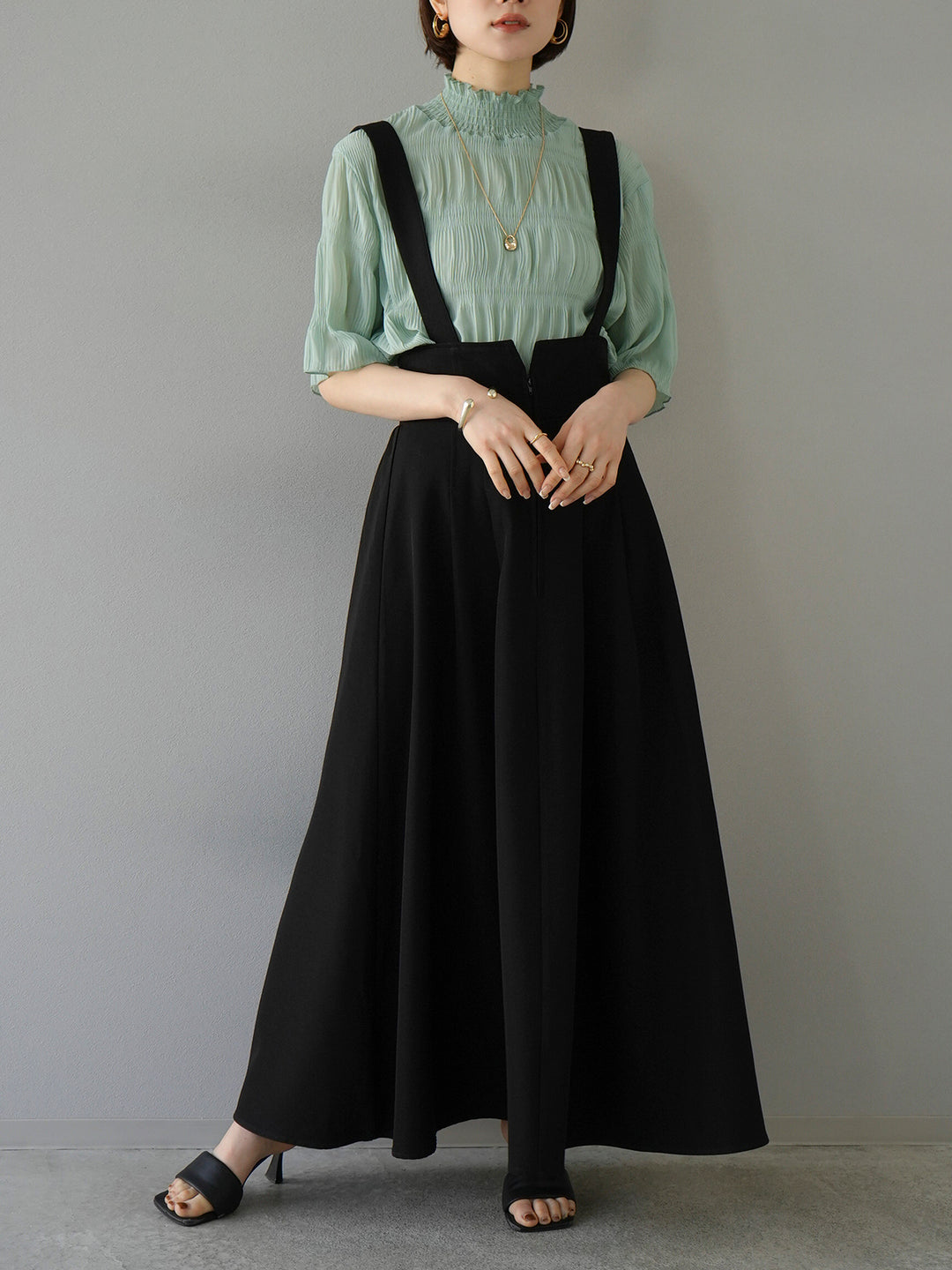 [SET] Shirring chiffon half sleeve blouse + 2WAY flare jumper skirt (2set)