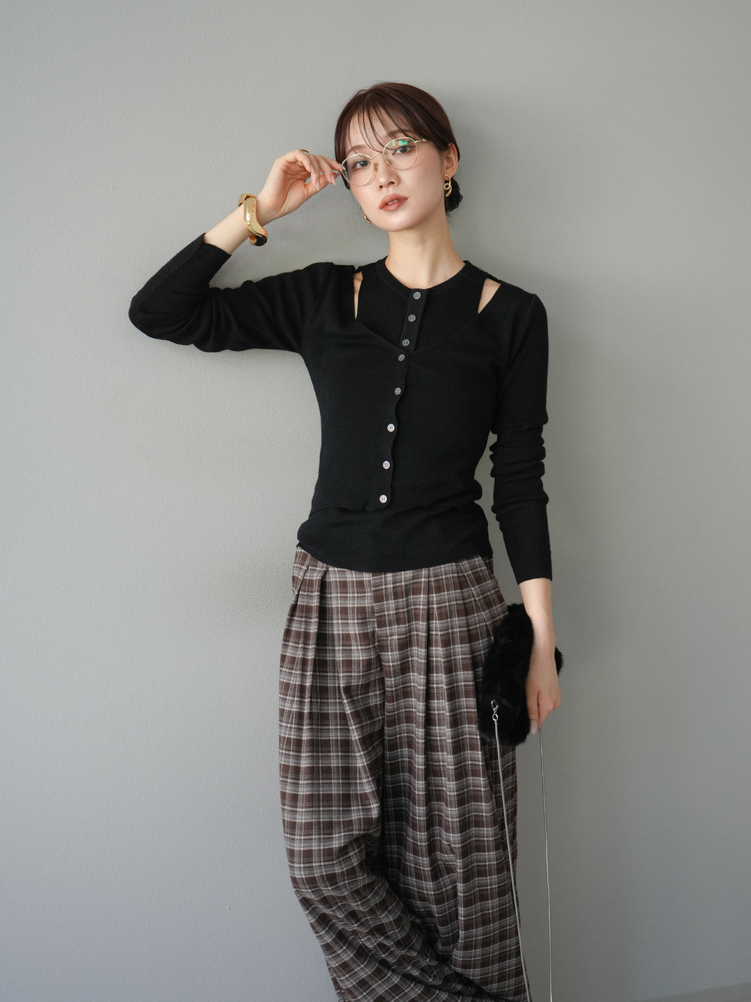 [予約]レイヤードデザインニットカーディガン/ブラック