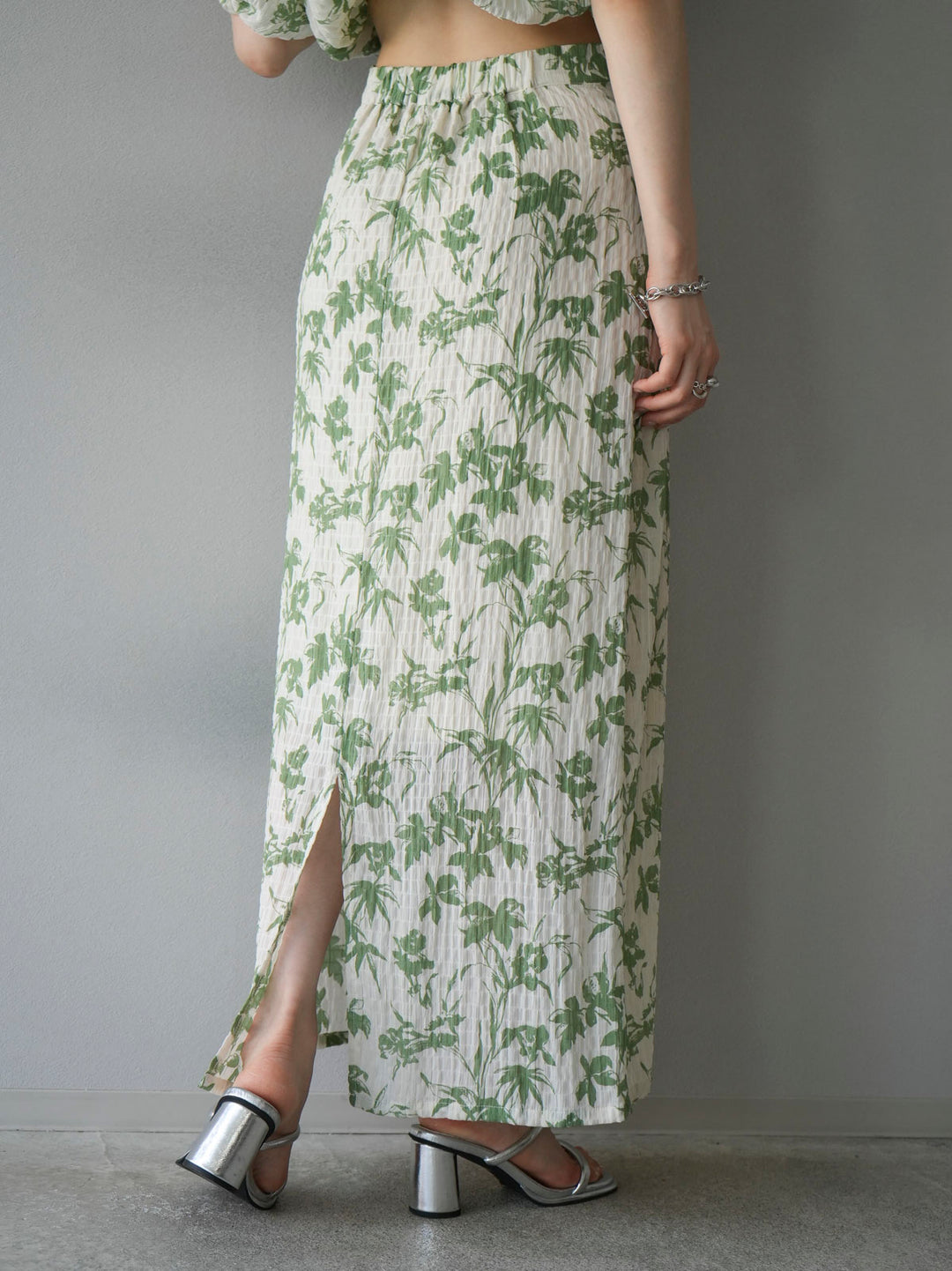 [Pre-order] Washer waist design flower pattern skirt/green