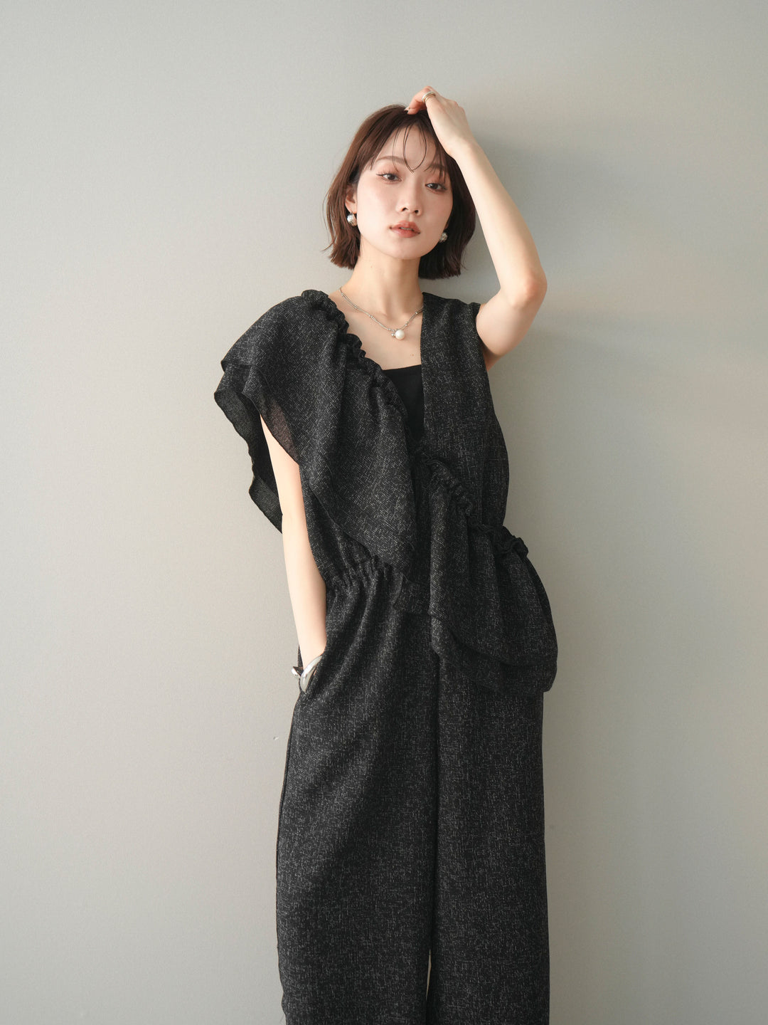 [SET]3WAYミックスツイードギャザーオールインワン+選べるアクセセット(2set)