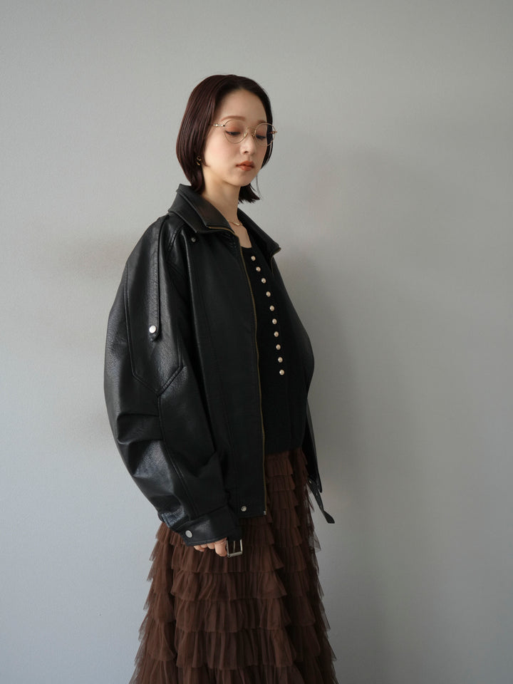 [予約]スタンドカラーフェイクレザーブルゾン/ブラック