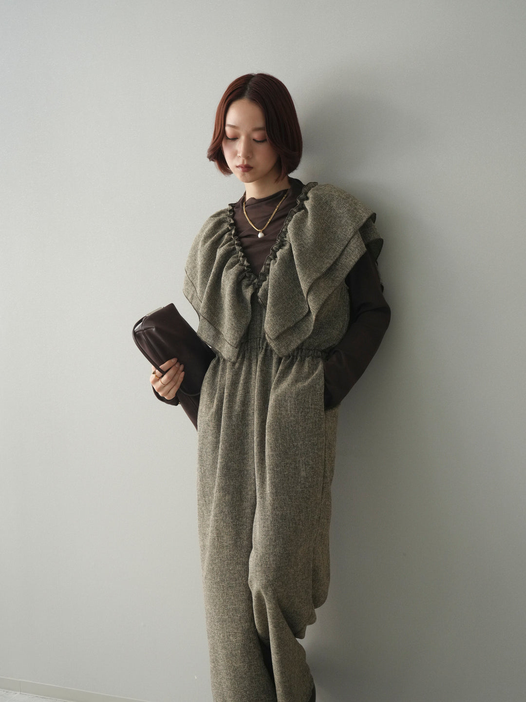 [SET]3WAYミックスツイードギャザーオールインワン+シアープチネックストレッチトップス(2set)