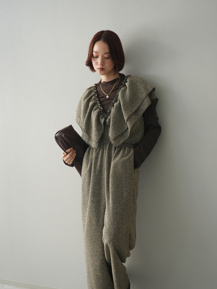 [SET]3WAYミックスツイードギャザーオールインワン+シアープチネックストレッチトップス(2set)