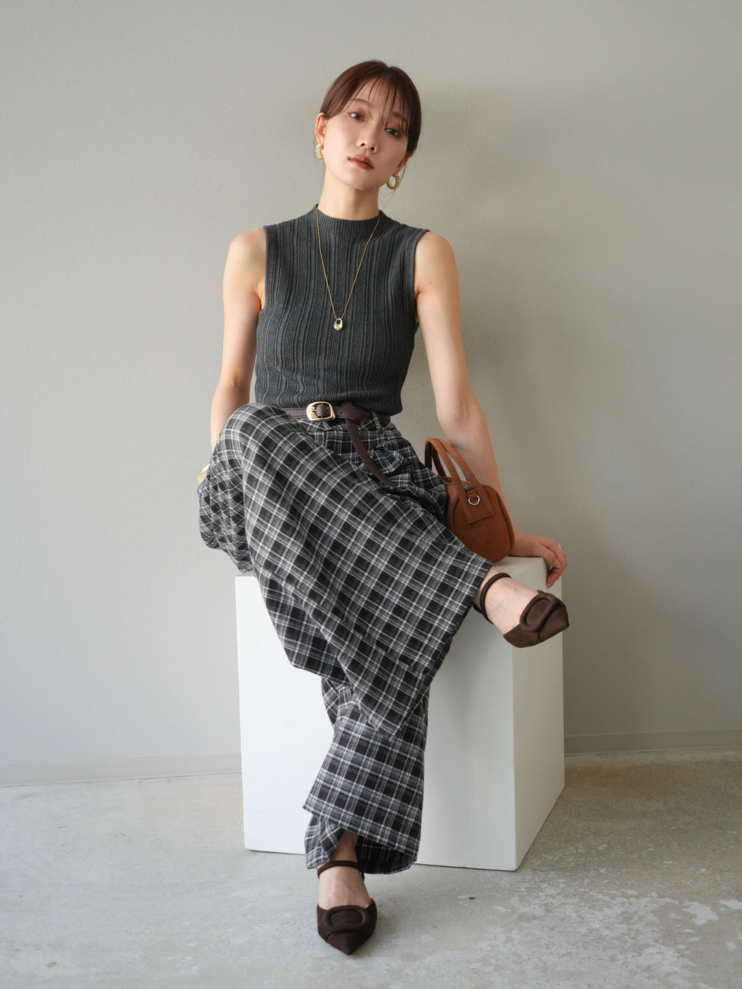 [予約]スリーブレスランダムリブニットトップス/グレー