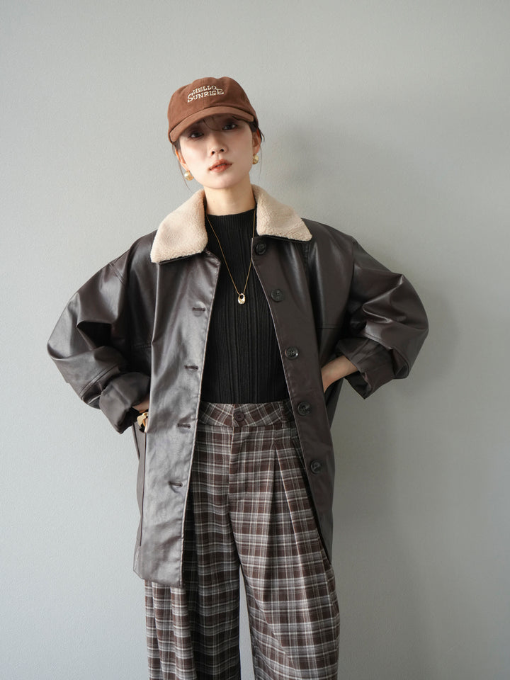 [予約]襟ボアレザーブルゾン/ブラウン