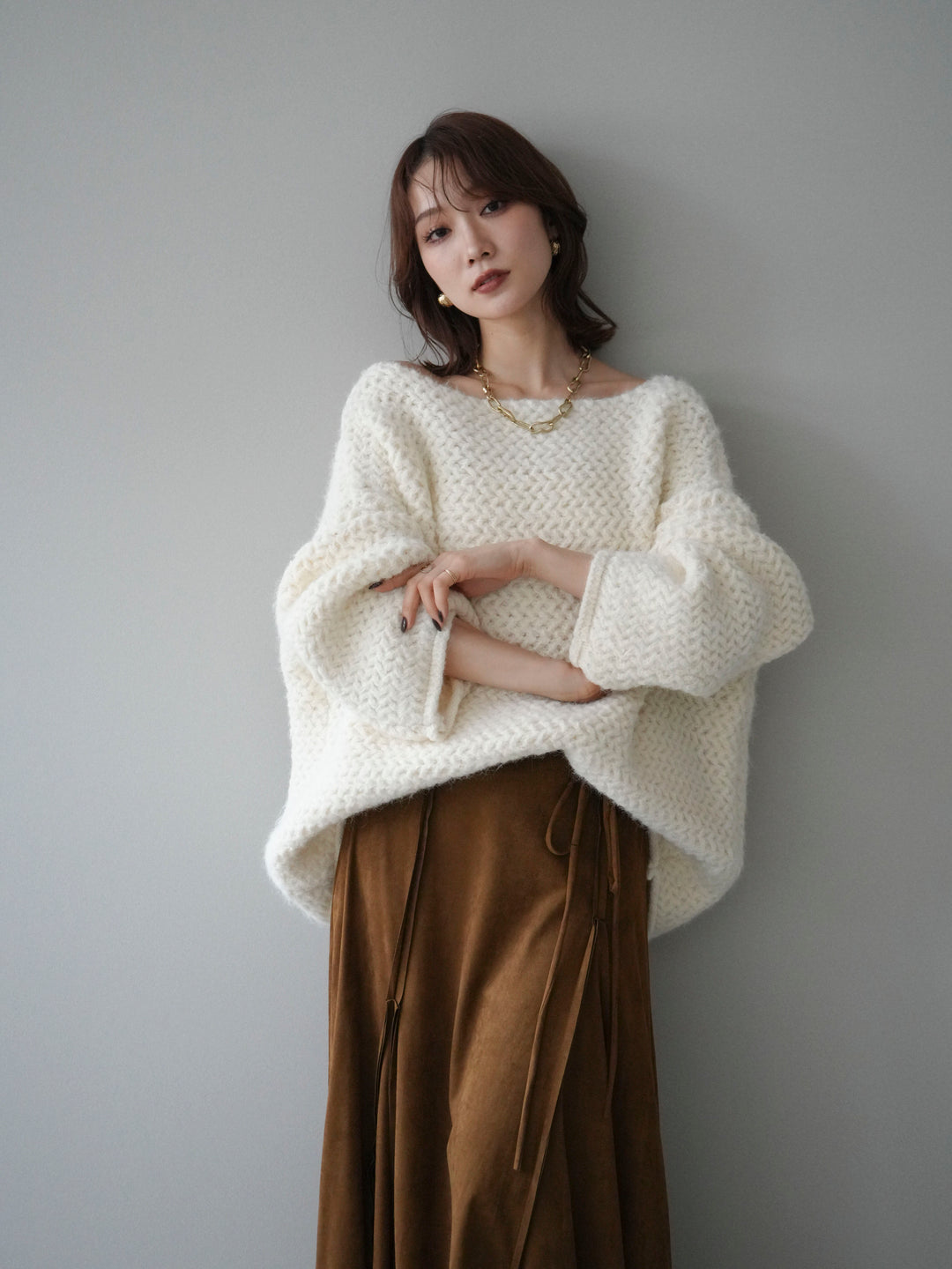 [予約]ワッフル編みオーバーニットプルオーバー/off