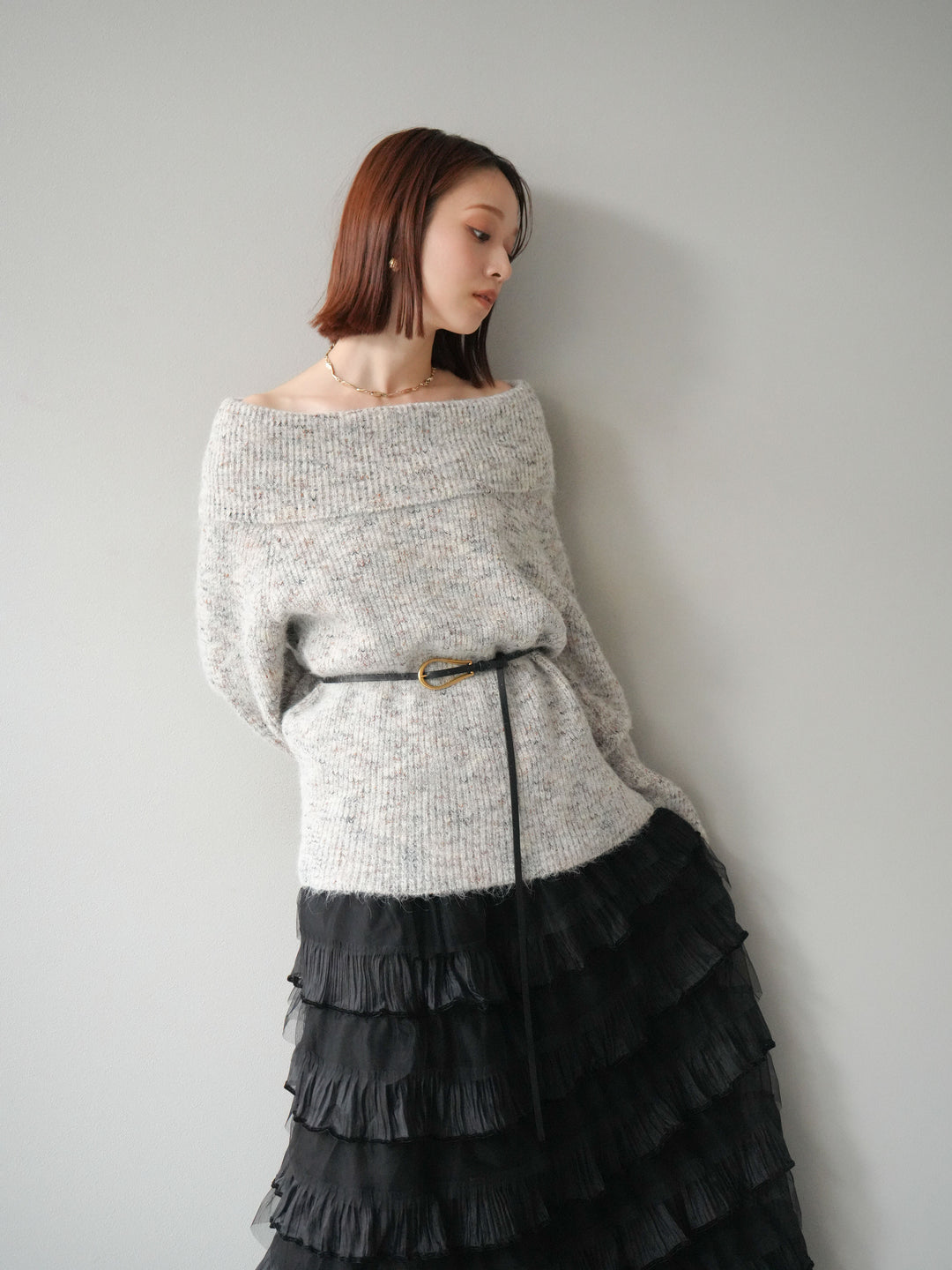 [予約]ミックスヤーンオフショルルーズニットプルオーバー/ベージュ