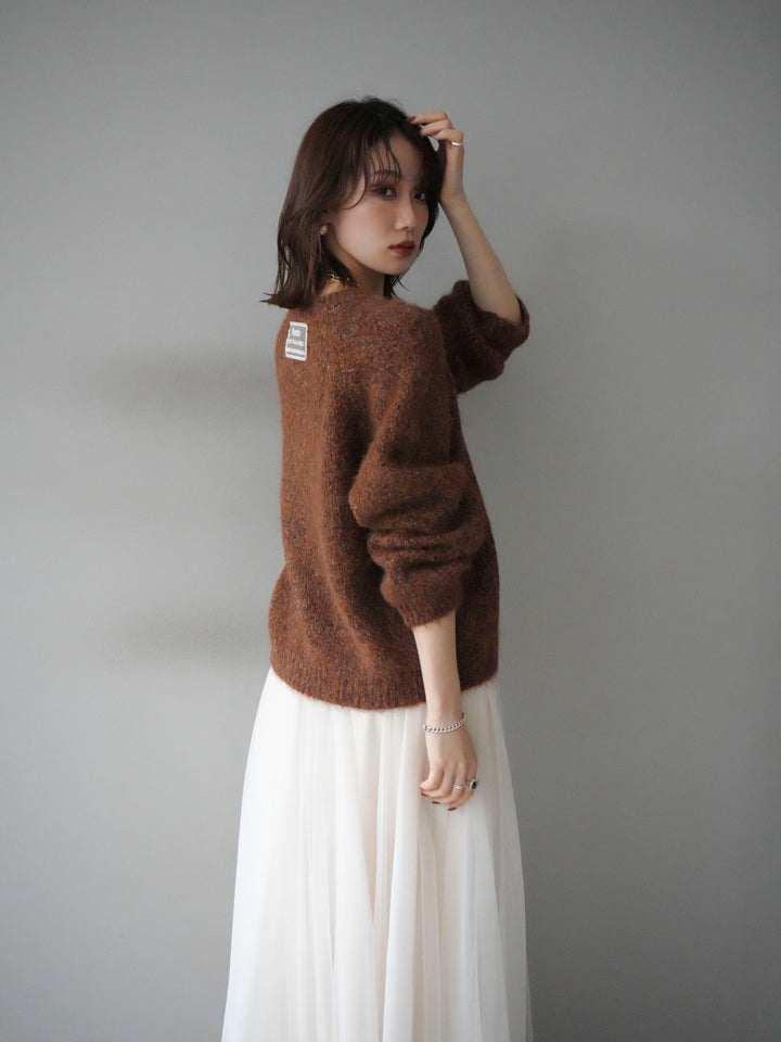 [SET]ロゴラベルミックスヤーンニットプルオーバー+チュールボリュームスカート(2set)