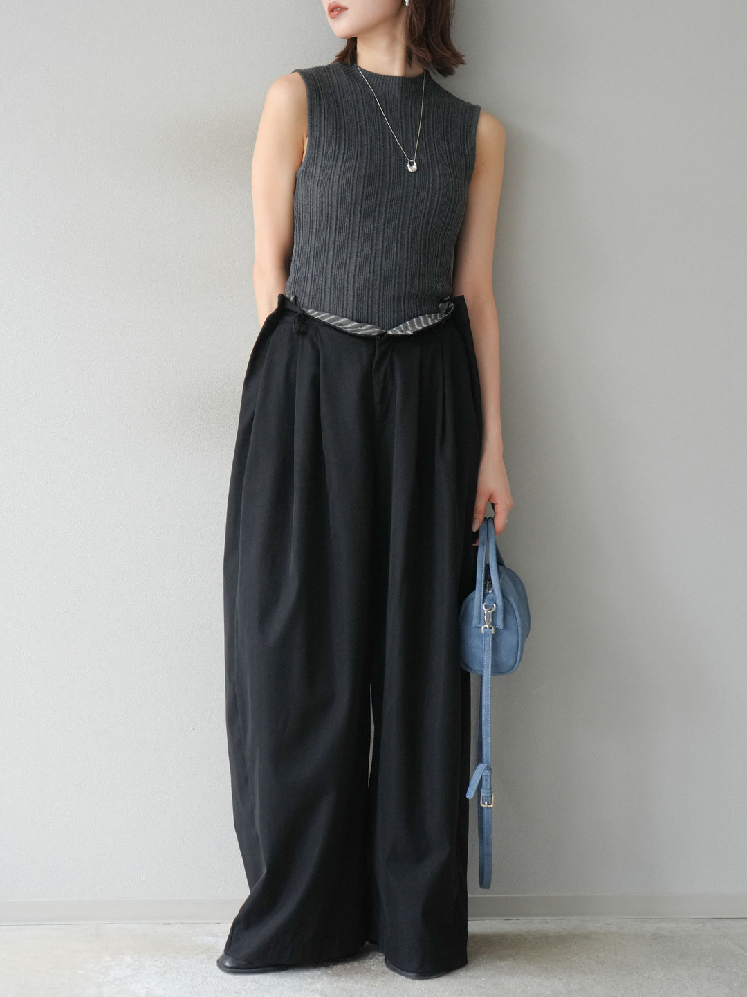 [予約]スリーブレスランダムリブニットトップス/グレー