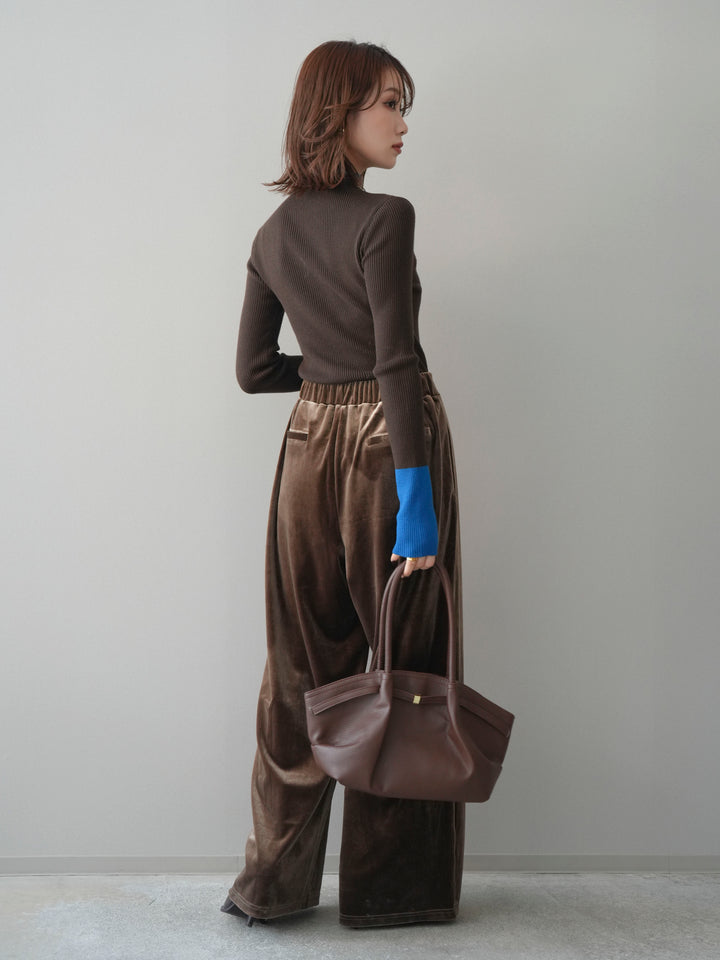 [SET]袖ボタンハイネック配色リブニットトップス+ベロアベルトスリムパンツ(2set)