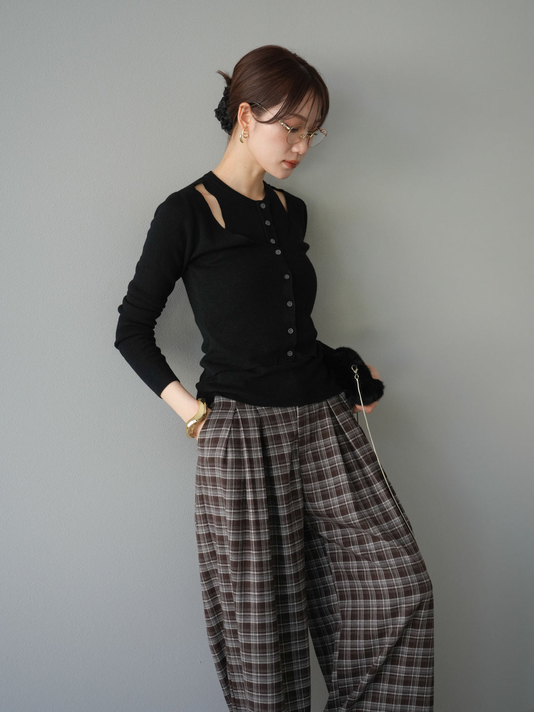 [予約]レイヤードデザインニットカーディガン/ブラック