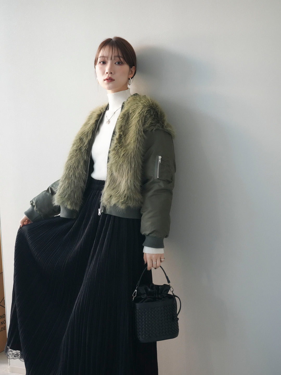 [SET]ファードッキングMA-1+袖ボタンボトルネックリブニットトップス(2set)