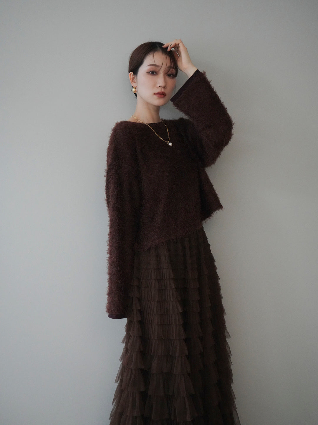 [予約]バイカラー2WAYシャギーニットカーディガン/brown