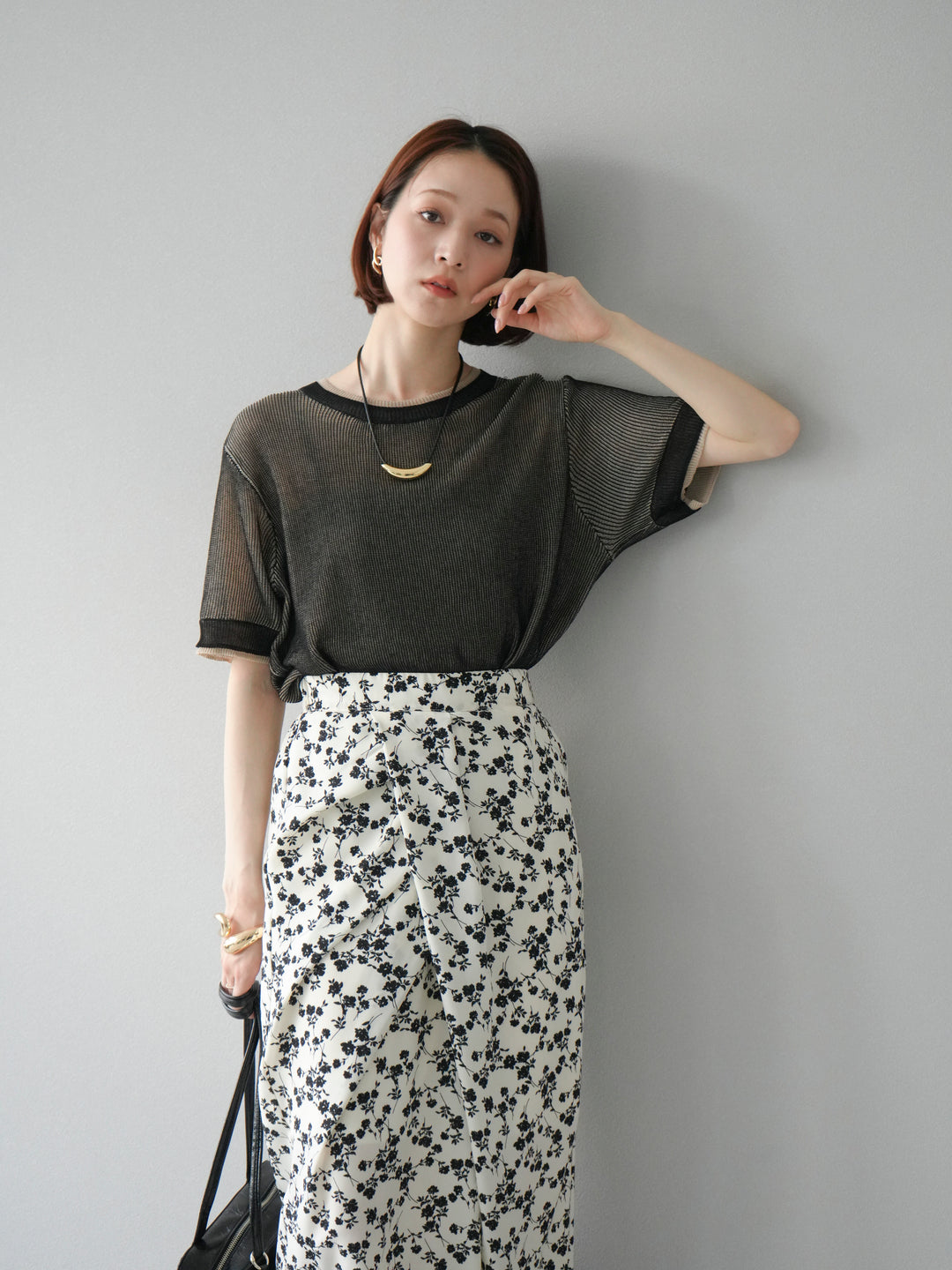 [SET]リネンタッチ配色二重臼ハーフニットトップス+選べるアソート柄スカートセット(2set)