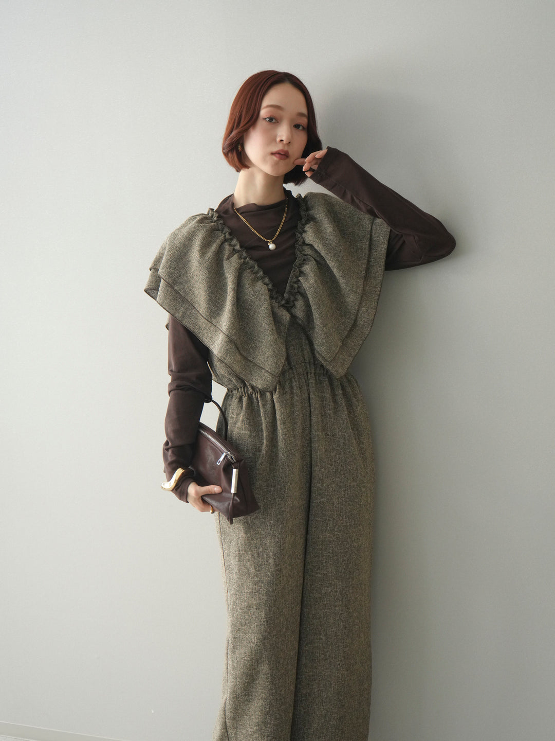 [SET]3WAYミックスツイードギャザーオールインワン+シアープチネックストレッチトップス(2set)