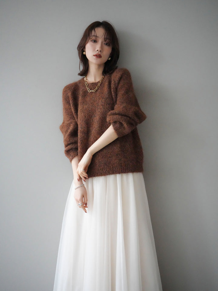 [SET]ロゴラベルミックスヤーンニットプルオーバー+チュールボリュームスカート(2set)