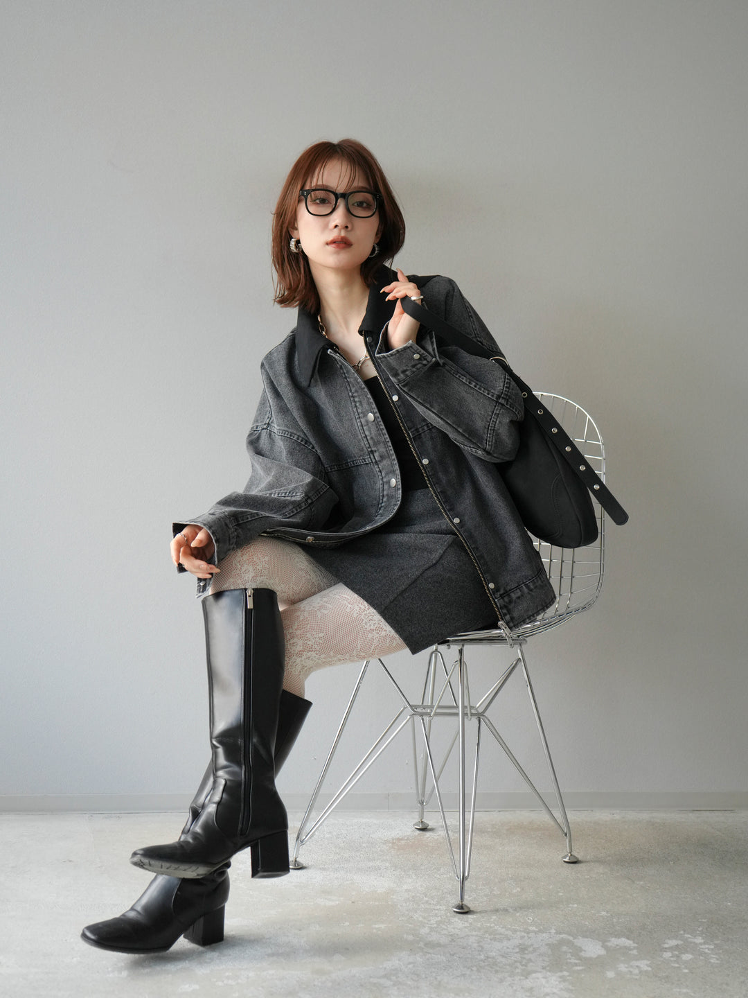 [予約]スウェード襟切替デニムブルゾン/ブラック