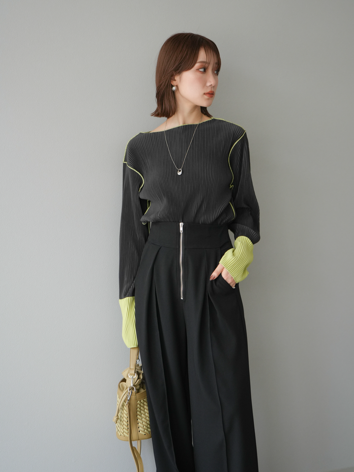 [予約]バイカラープリーツトップス/チャコール