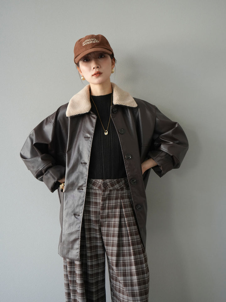 [予約]襟ボアレザーブルゾン/ブラウン