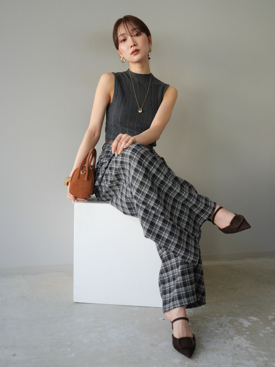 [予約]スリーブレスランダムリブニットトップス/グレー