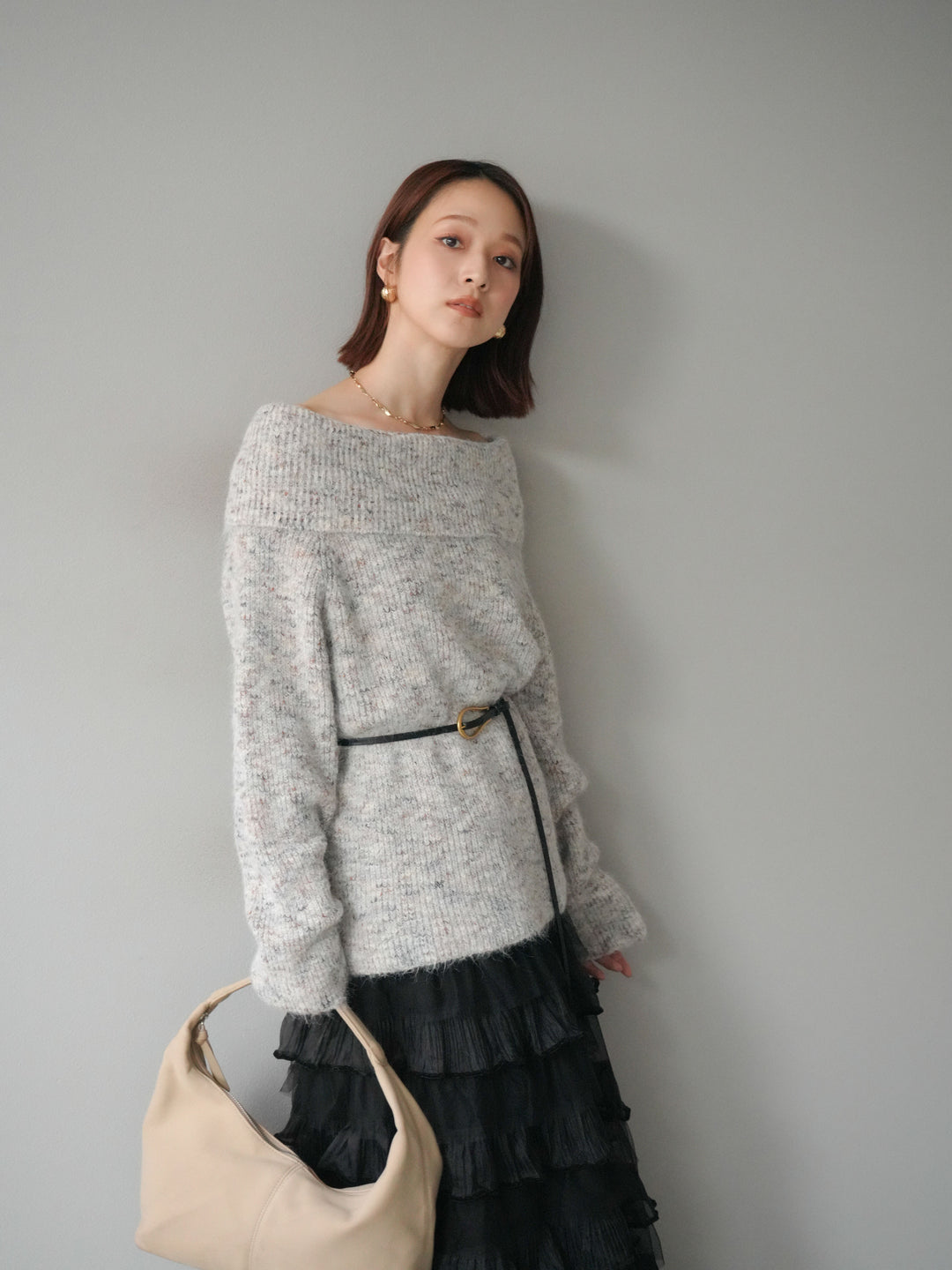 [予約]ミックスヤーンオフショルルーズニットプルオーバー/ベージュ