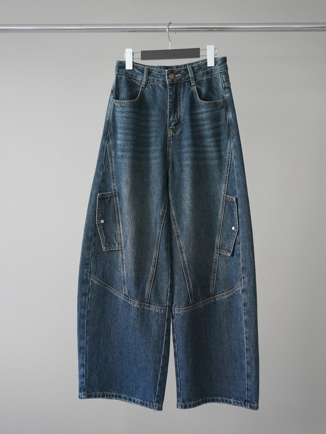 [SET]キーネックシャギーニットカーディガン+カーゴデザインコクーンデニムパンツ(2set)