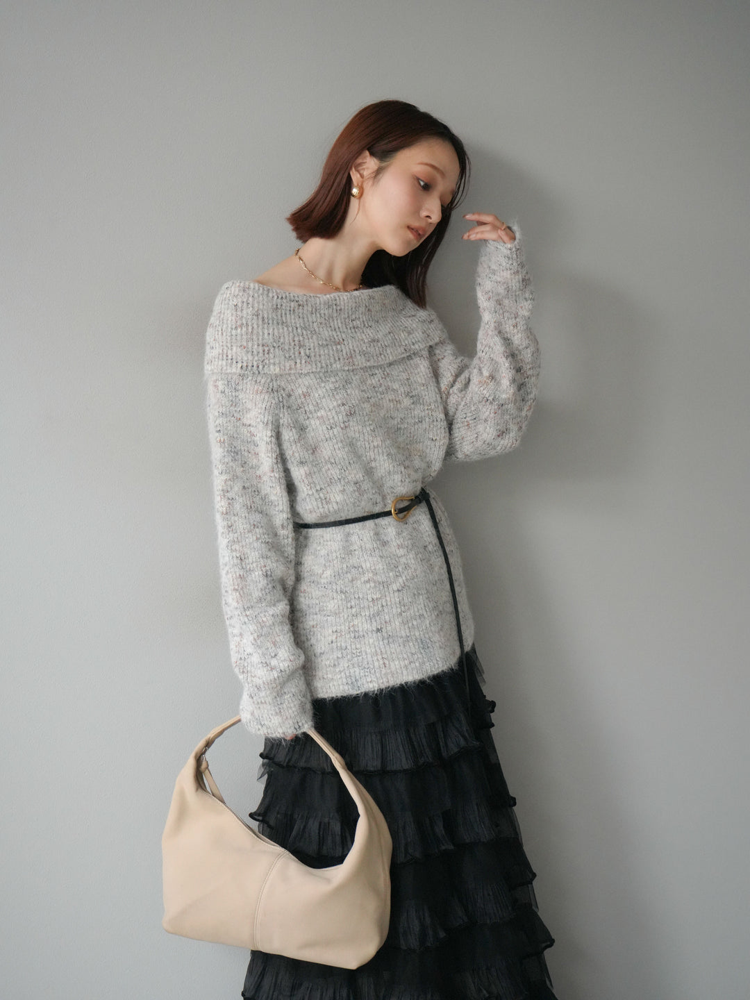 [予約]ミックスヤーンオフショルルーズニットプルオーバー/ベージュ