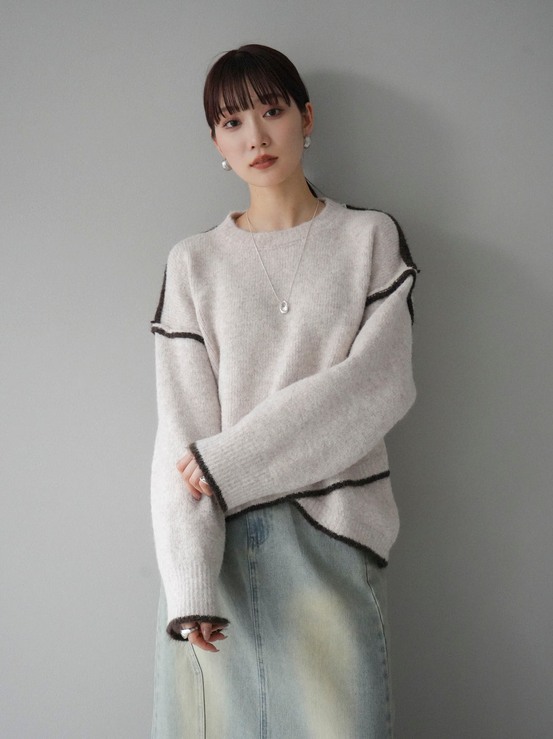 [預訂] 色彩協調針織套頭衫/象牙色